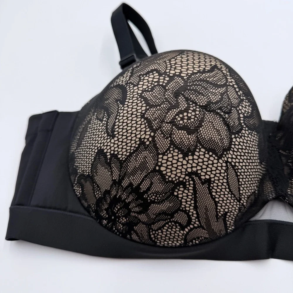 Cacique Comfort Bliss Strapless Bra 44DD Black Floral Lace Multi Way Straps